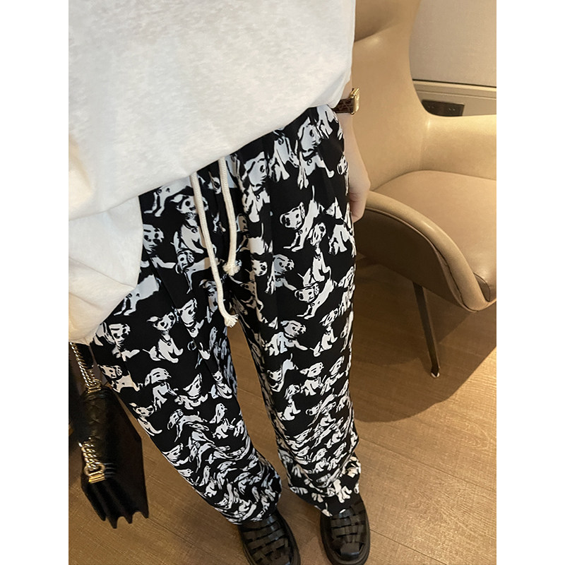 superxue 狗狗印花雪纺阔腿裤女夏显瘦高腰垂感宽松直筒休闲裤子