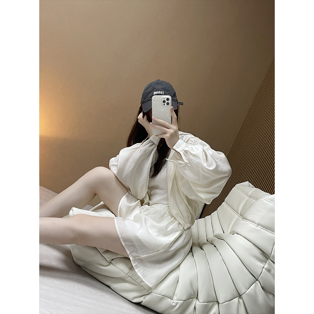 superxue 防晒套装女夏款2025新款连帽长袖衬衫+休闲短裤两件套
