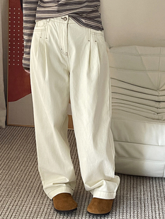女纯棉宽松米白阔腿百搭裤 直筒休闲裤 子 新款 superxue春装