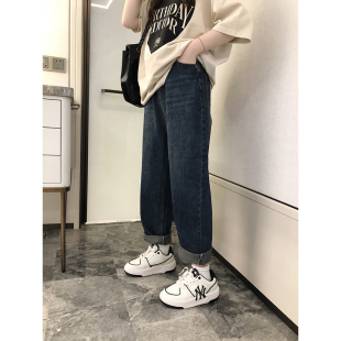 春秋直筒宽松高腰老爹裤 女新款 子 卷边直筒牛仔裤 superxue