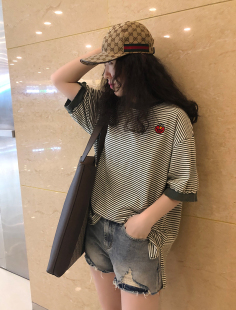 韩版 新款 宽松纯棉显瘦开叉上衣 t恤女夏季 TY1980条纹短袖