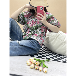设计感小众荷叶边V领泡泡袖 女夏新款 上衣 碎花衬衫 superxue