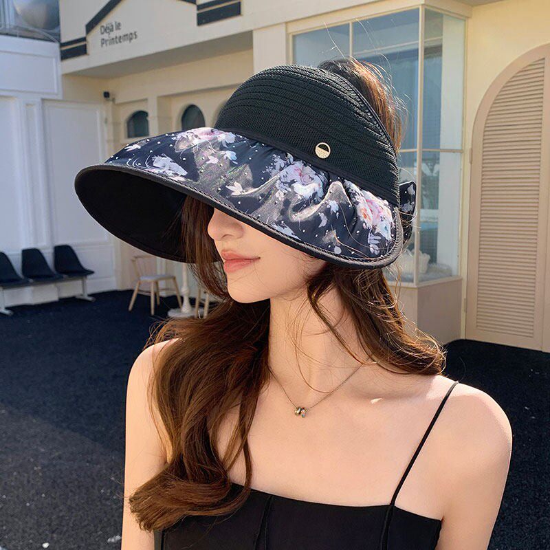 拼接印花大沿空顶帽女夏季户外游玩扎马尾遮阳帽可调节防晒太阳帽