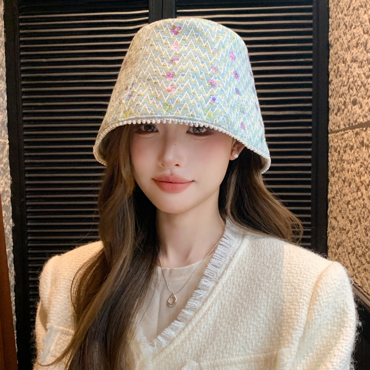 韩版春秋季洋气小香风水桶帽时尚穿搭帽子潮彩色印花小众休闲盆帽