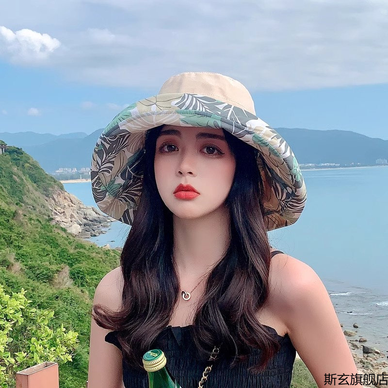 夏季印花双面渔夫帽女韩版遮脸大帽檐遮阳帽防晒防紫外线太阳帽子