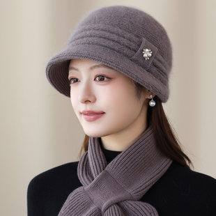 女款加绒毛线帽加厚中年时尚洋气妈妈冬天保暖围巾秋冬季女士帽子