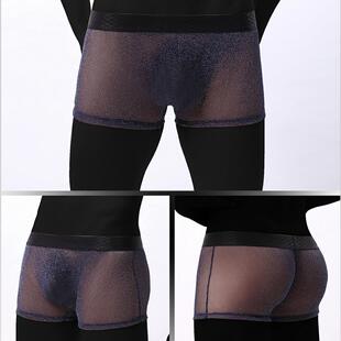 日韩欧美外贸男士内裤透视细网纱超弹低腰宽边平角裤大码E075
