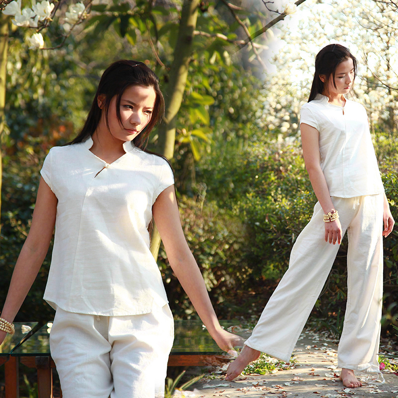 中式盤扣棉麻夏季短袖白色禪衣茶服昆達里尼瑜伽服寬松禪修服
