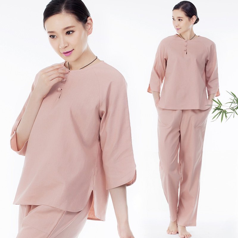 原創(chuàng)新中式改良中國風(fēng)女七分袖棉麻盤扣瑜伽服套裝茶人禪衣禪修