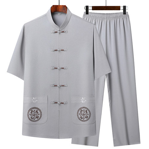 中年爸爸夏装套装短袖唐装太极服男中老年中国风休闲夏季爷爷衣服