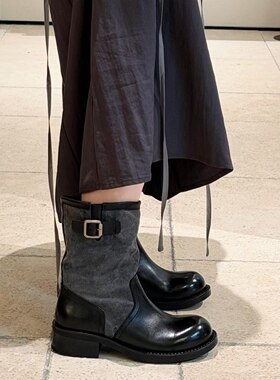 2026秋季新款法式废土风复古搭扣拼色平底短靴女百搭马丁靴子