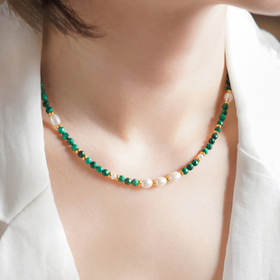 珞有时「翠影婆娑」新中式天然孔雀石复古小众珍珠项链女