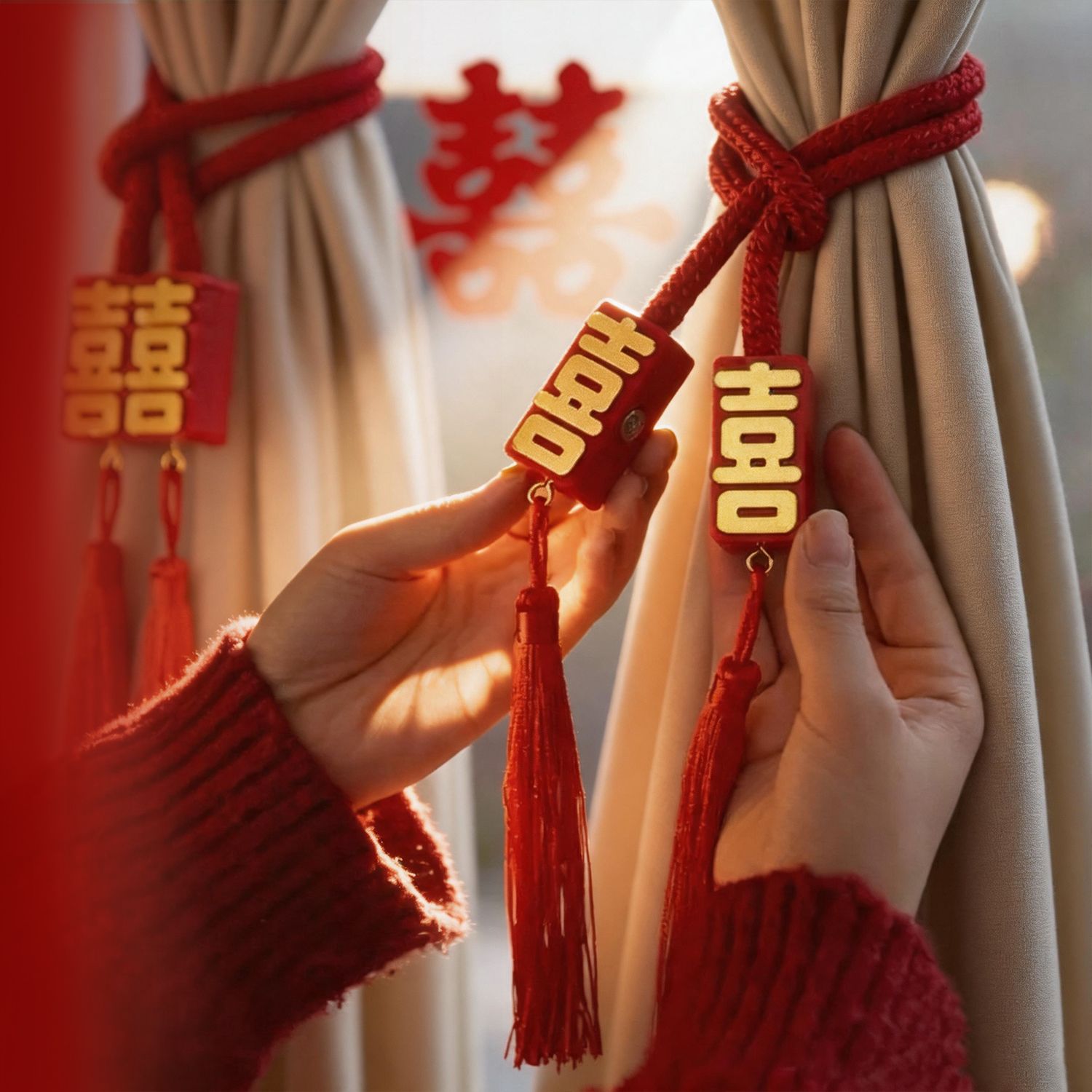 结婚窗帘绑带一对装饰新房喜字图片