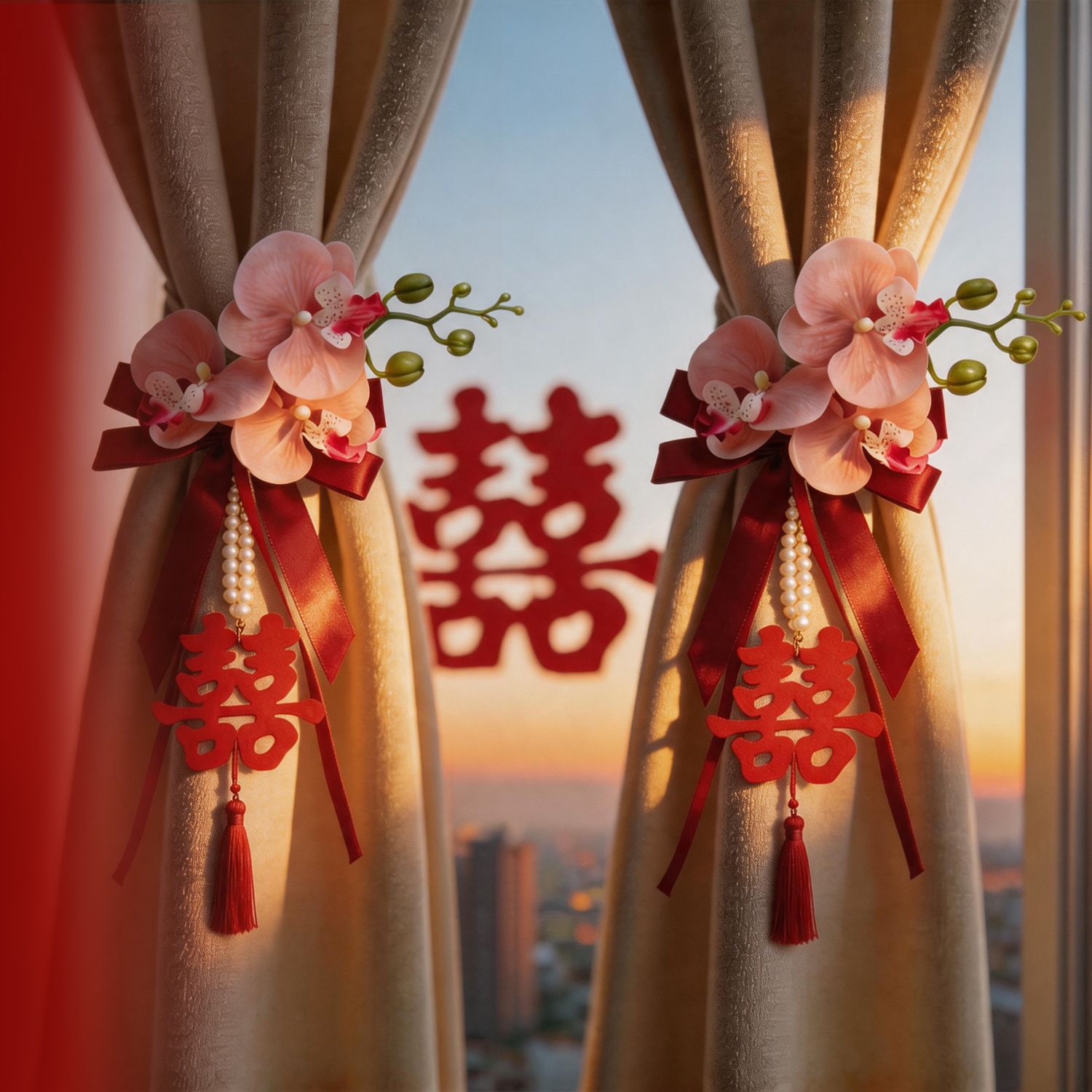 太有氛围了！仿真花结婚窗帘绑带图片