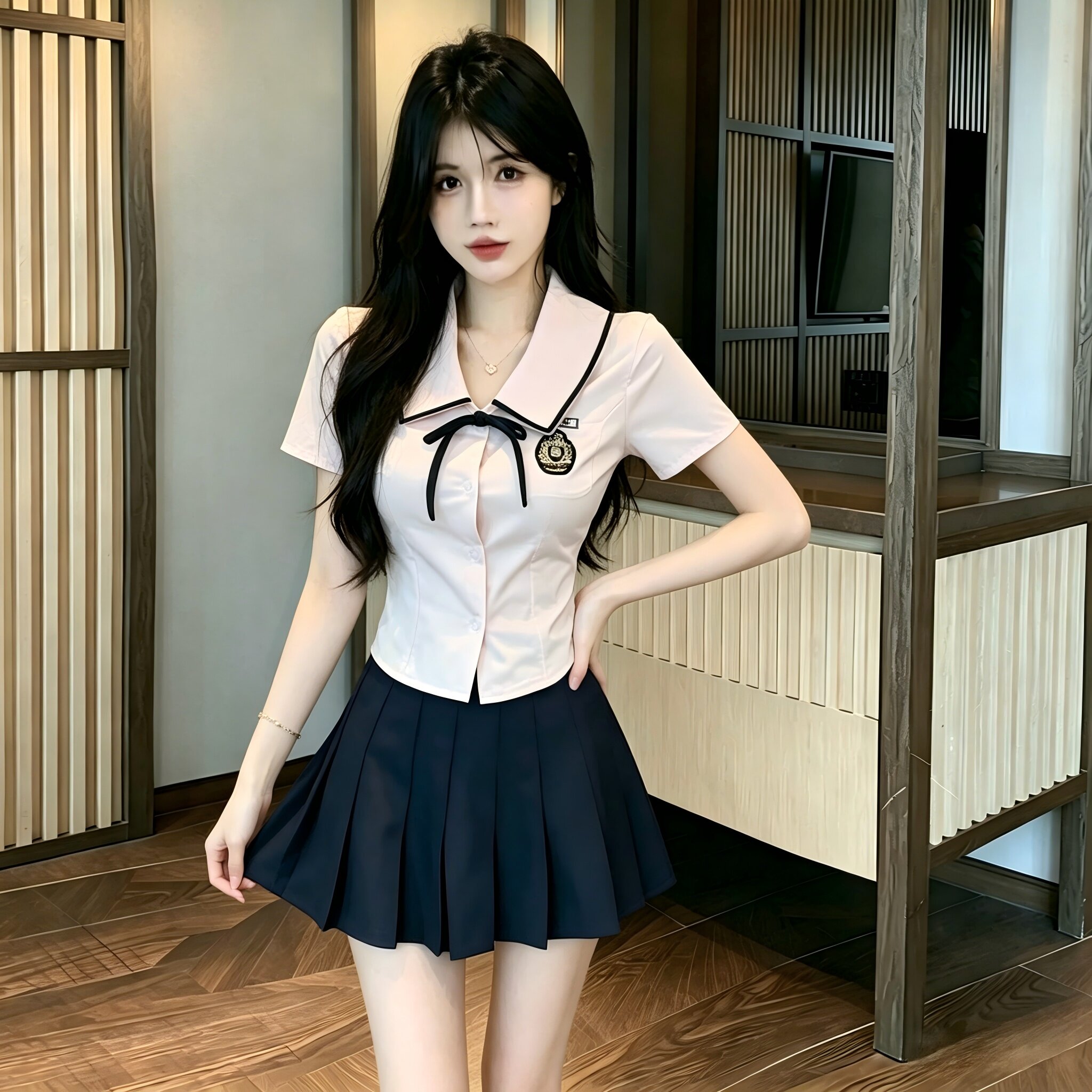 韩系学院风翻领蝴蝶结衬衫百褶裙女JK制服套装技师工作服两件套