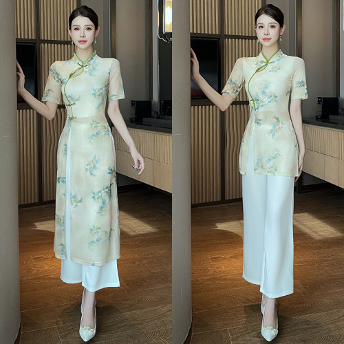 中式印花修身显瘦酒店工作服女