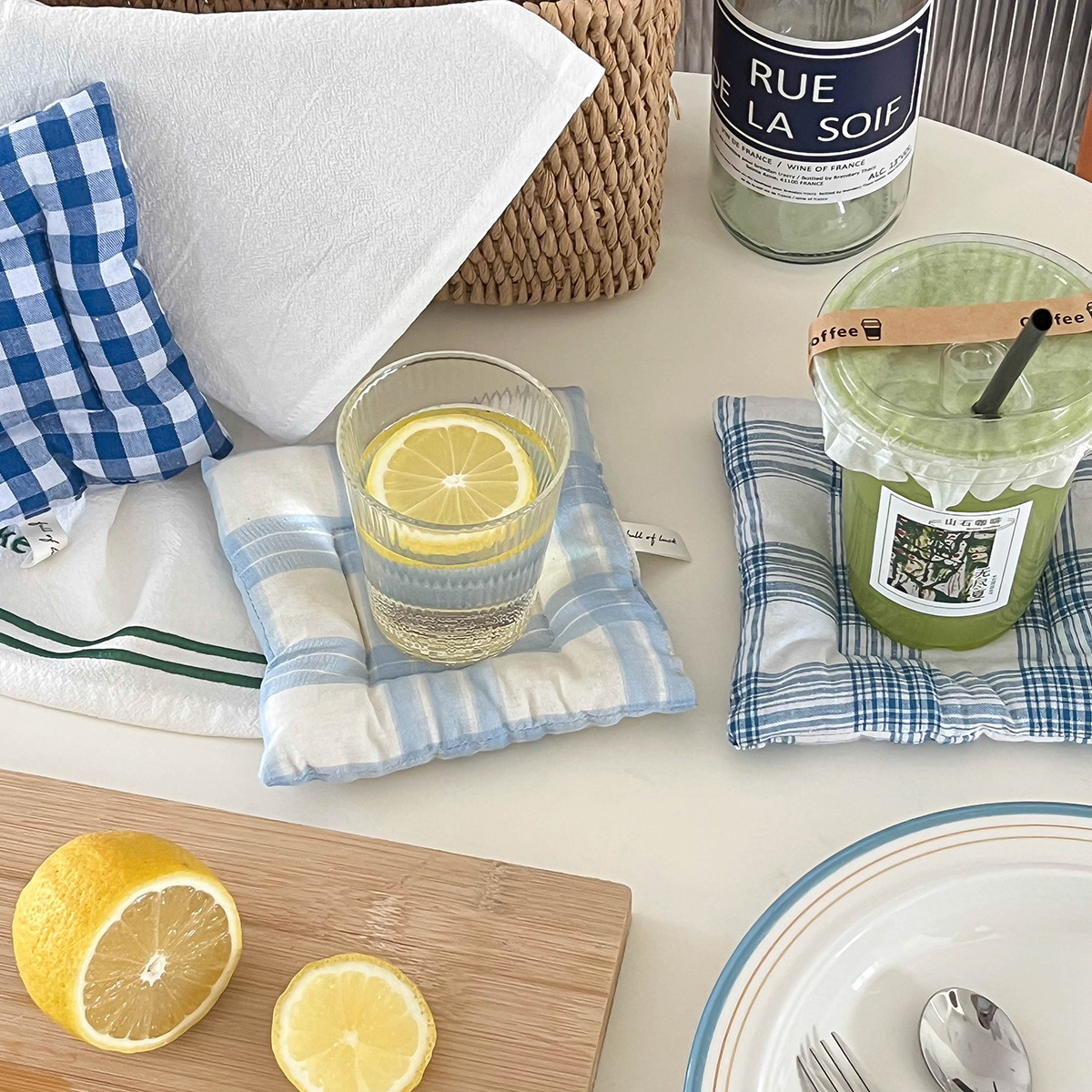 ins格子杯垫加厚夹棉隔热垫装饰