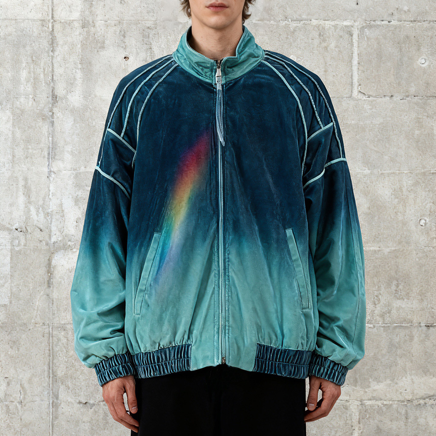 smelt炼设计师美式丝绒棒球服复古渐变色立领夹克男潮牌拼接外套