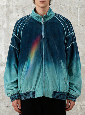 smelt炼设计师美式丝绒棒球服复古渐变色立领夹克男潮牌拼接外套