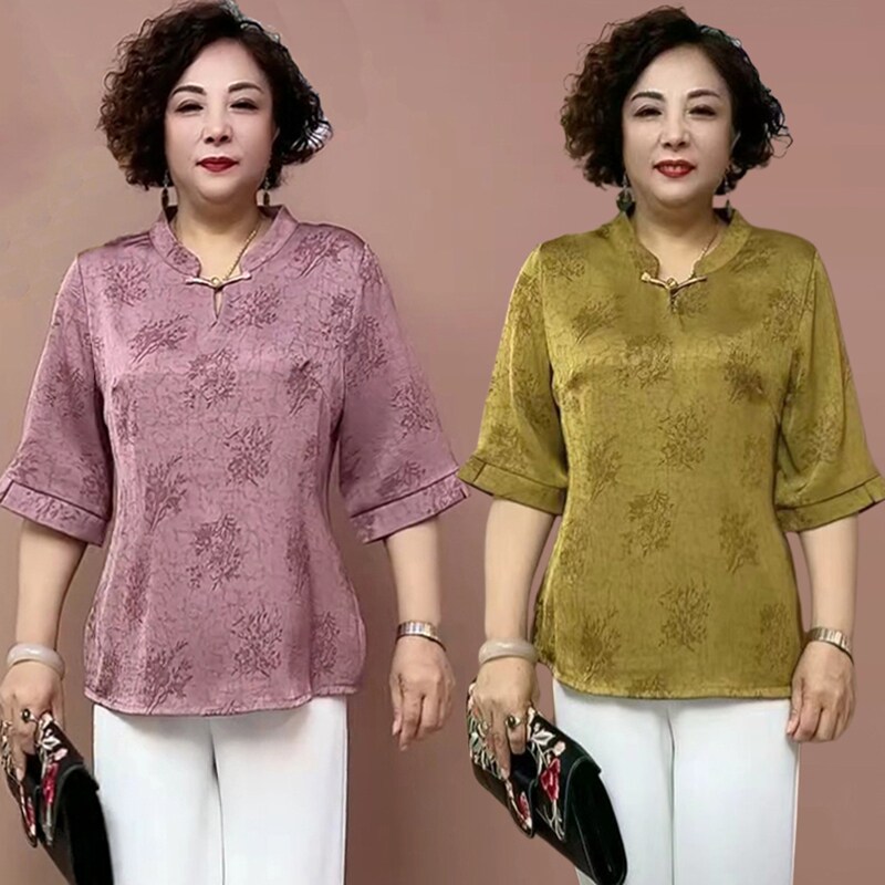新中式真丝印花中老年显瘦衬衫