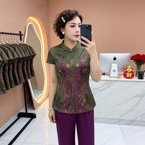 新中式立领印花短袖妈妈衬衫