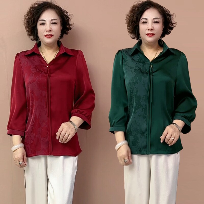新中式真丝七分袖显瘦妈妈衬衫