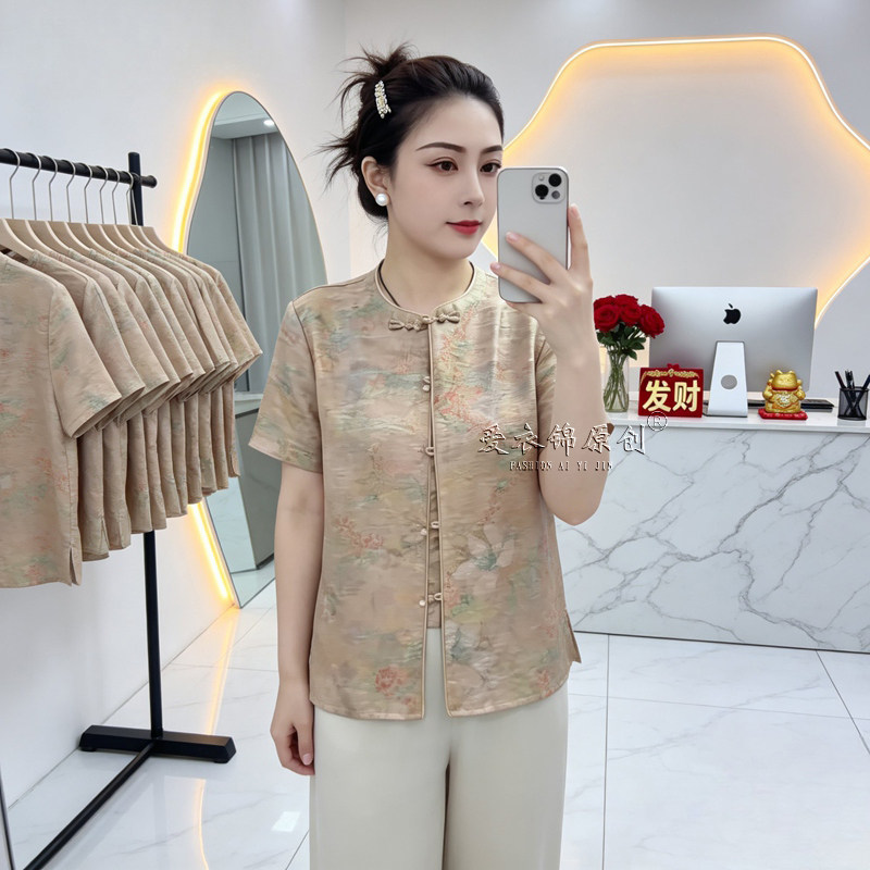新中式仿真丝盘扣短袖显瘦上衣