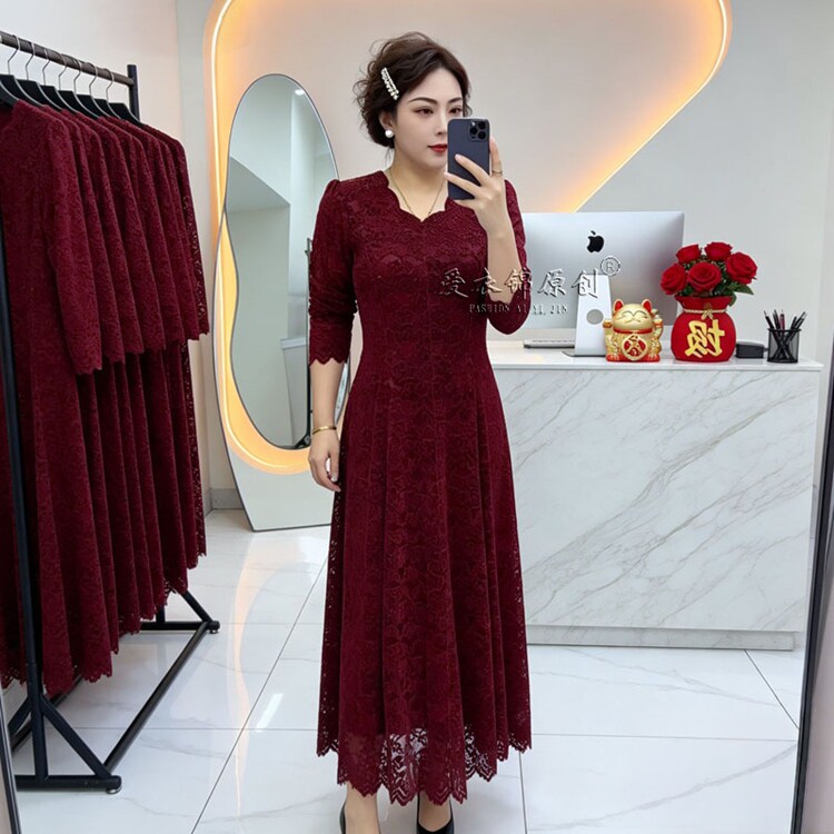 优雅气质V领蕾丝连衣裙中老年女装妈妈显瘦大码长裙宽松型简约风