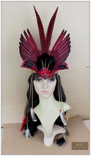 DY原创夸张印第安头饰红色鹰头饰表演羽毛饰品酋长帽包邮