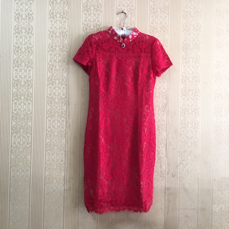 【茉希】专柜正品 红色 重工水溶性全蕾丝 夏 中长款旗袍连衣裙