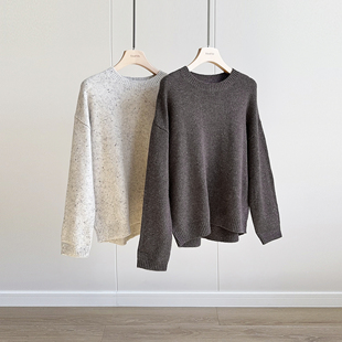 低调简约~纯羊毛合股点子纱~圆领套头长袖粗纺针织衫毛衣女士秋冬