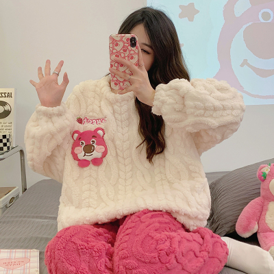 珊瑚绒睡衣女秋冬季加厚韩版可爱法兰绒大码可外穿家居服睡衣套装