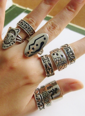 欧洲德国纯银图腾指环古董首饰