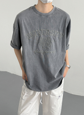 夏季韩版时髦复古vintage水洗做旧灰色短袖t恤男士宽松字母刺绣衫