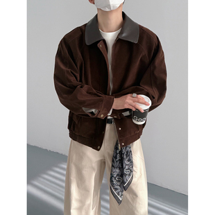 春秋韩版时髦复古皮领小众麂皮绒夹克男士宽松短款拉撞色咖色外套