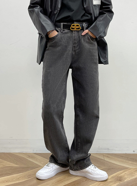SF/韩版复古潮流老爹裤男士直筒做旧灰色宽松版牛仔裤ins网红长裤