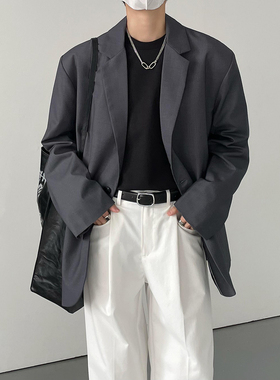 春秋新韩版时髦高级感复古宽松西装外套男士宽松灰色休闲西服上衣