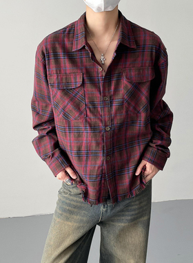 春秋韩版ins时髦复古短款红色格子衬衫男士宽松做旧毛边衬衣外套