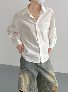 春秋韩版时髦高级感cleanfit通勤白色长袖衬衫男士宽松衬衣外套潮