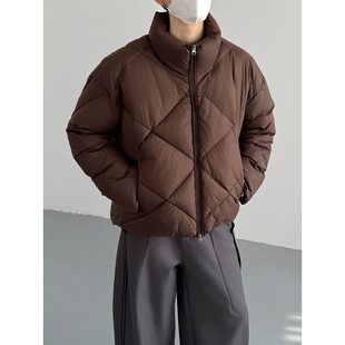 冬韩版时髦复古cleanfit纯色立领白鸭绒菱形格羽绒服男士短款外套