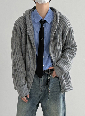 秋冬韩版时髦复古松弛慵懒风灰色开衫毛衣男士宽松连帽针织衫外套