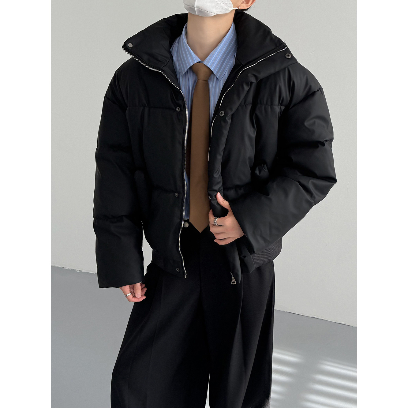 韩版时髦cleanfit短款PU皮棉衣男