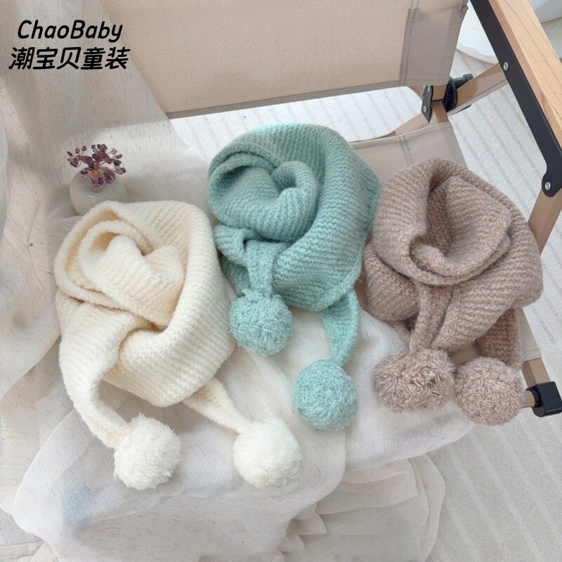 儿童围巾冬季针织防风防寒男女宝宝毛球毛线三角巾保暖护颈围脖潮