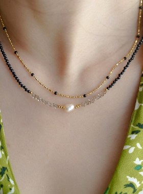 JoJo｜叠戴黑尖晶天然珍珠水晶拼