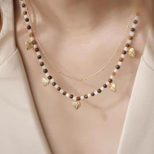 小众复古法式天然琥珀石古金爱心项链S925纯银串珠气质叠戴锁骨链