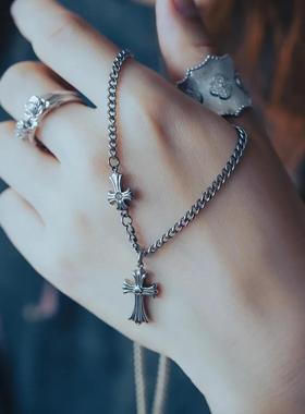 中性嘻哈复古镶钻双十字架保色项链古巴链条锁骨链吊坠新款男女