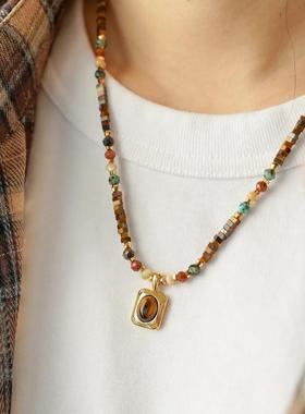 中古方糖虎眼石吊坠手工串珠项链原创复古毛衣链虎眼石松石项链