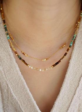 进口捷克珠虎眼石太阳吊坠叠戴锁骨链项链虎眼石红玛瑙串珠项链