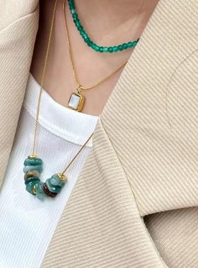 冷白施家配天然绿玉髓项小米珠轻奢复古锁骨珍珠吊坠银男项链18金