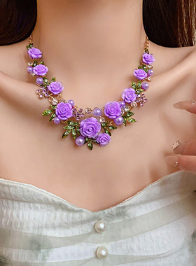 春夏时尚山茶花项链耳环拍照配饰